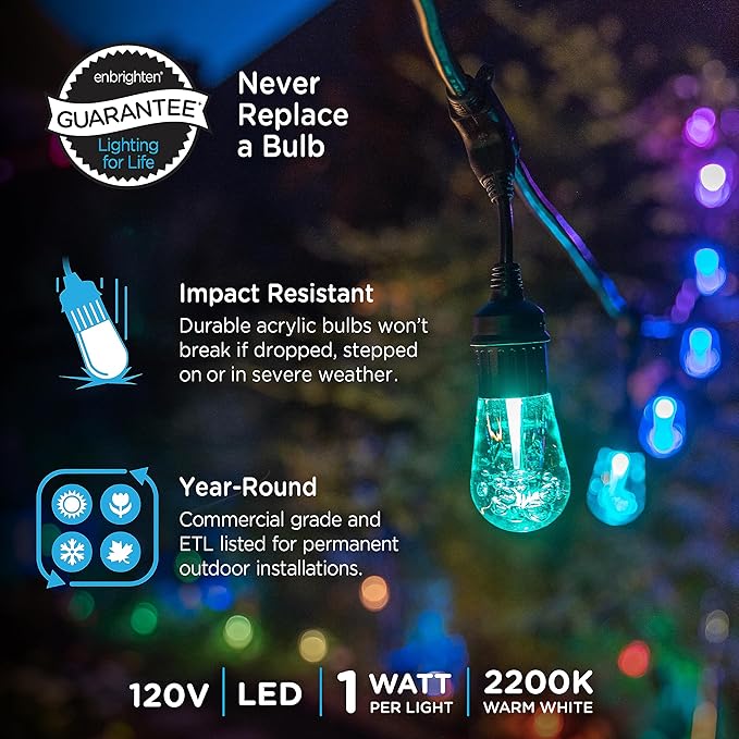 Enbrighten Vintage Outdoor String Lights, 48ft, 24 RGB Acrylic Bulbs, Weatherproof, RF Remote Control, Perfect for Holidays, Gameday, Parties, and More, 37790
