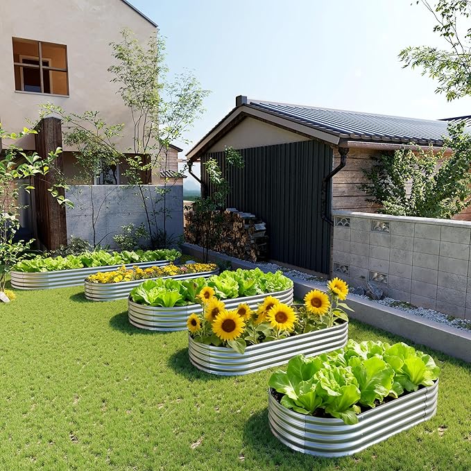 2PCS 12x4x1FT Galvanized Raised Garden Bed Kit,Vegetable Boxes-Oval Metal Flower Box,Large Planter Raised Beds Outdoor Garden for Planting,Fruit,Herb-Silver