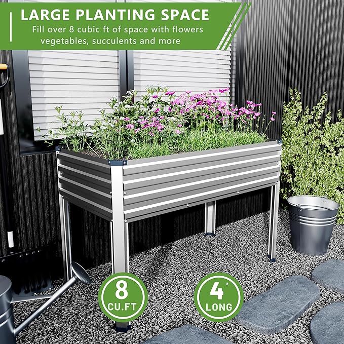 2PCS 48×24×30in Galvanized Raised Garden Bed,Metal Elevated Planter Box with Legs for Patio,Balcony,Backyard,300lb Capacity,Silver