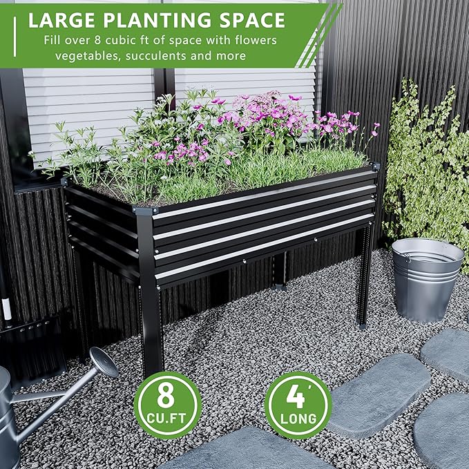 2PCS 48×24×30in Galvanized Raised Garden Bed,Metal Elevated Planter Box with Legs for Patio,Balcony,Backyard,300lb Capacity,Black