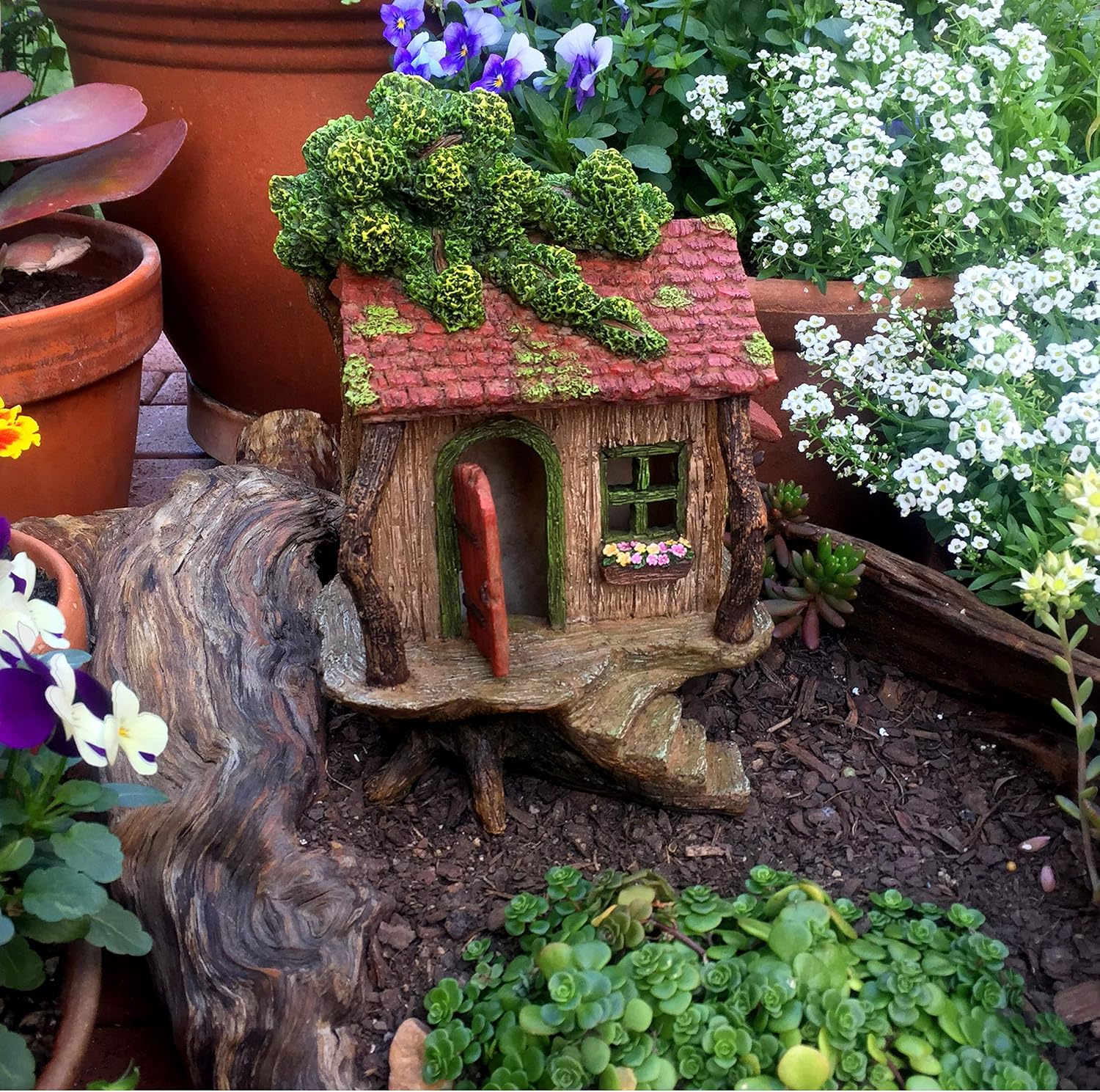 Fairy Garden Treehouse for Outside - Large Fairy House | Hand-painted resin; door opens; water resistant; treehouse stands 9 inches high; outdoor and indoor miniature decor