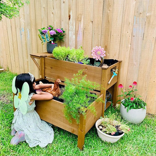 2-Tier Raised Garden Bed with Legs Outdoor Elevated Garden Box,Storage Shelf,Protective Liner for Backyard,Patio,Balcony,55x42x30in (Brown)