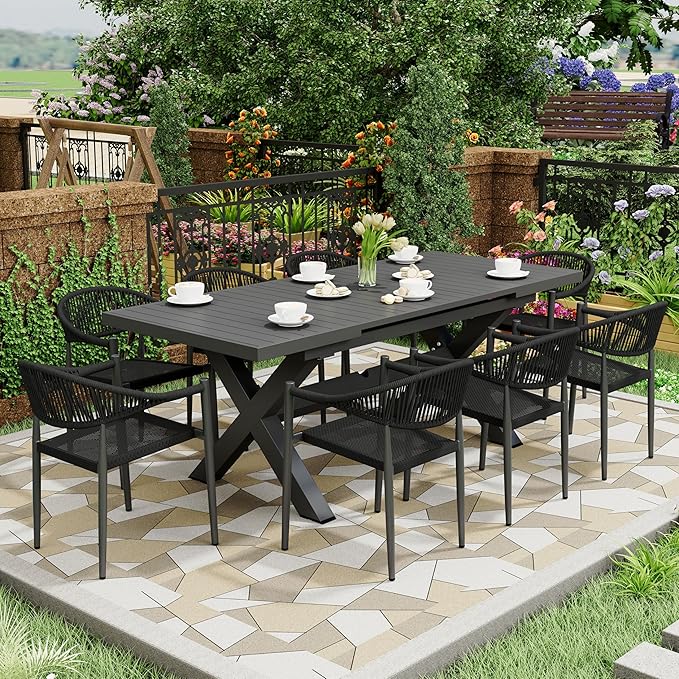 8 Pcs Stackable Patio Dining Chairs, Aluminum Rattan Outdoor Dining Chair with Arms, Woven Rope Garden Armchair Metal No Assembly for Bistro Balcony Porch Deck Yard Cafe Restaurant, Black
