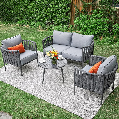 4 Piece Patio Furniture Set, Modern Patio Conversation Set, Outdoor Furniture with Table, Outdoor Sofa with Washable and High-Resiliency Sponge Cushions, Grey
