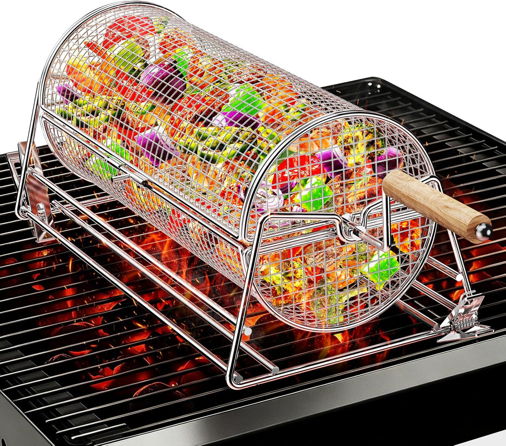 2-in-1 Rolling Grill Basket 304 Stainless Steel Rotatable with Dual Handles | Crank & Straight Grip Handles, Grill Net for Vegetables Shrimp & More, Ideal BBQ Gift for Men, Dad, Husband, Dishwasher Safe