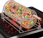 2-in-1 Rolling Grill Basket 304 Stainless Steel Rotatable with Dual Handles | Crank & Straight Grip Handles, Grill Net for Vegetables Shrimp & More, Ideal BBQ Gift for Men, Dad, Husband, Dishwasher Safe
