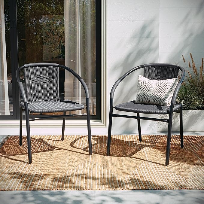 EMMA + OLIVER Set of 4 Modern Rattan Indoor/Outdoor Stack Chairs, Stacking Rattan Patio Chairs with Curved Back and Cross Bracing, Gray