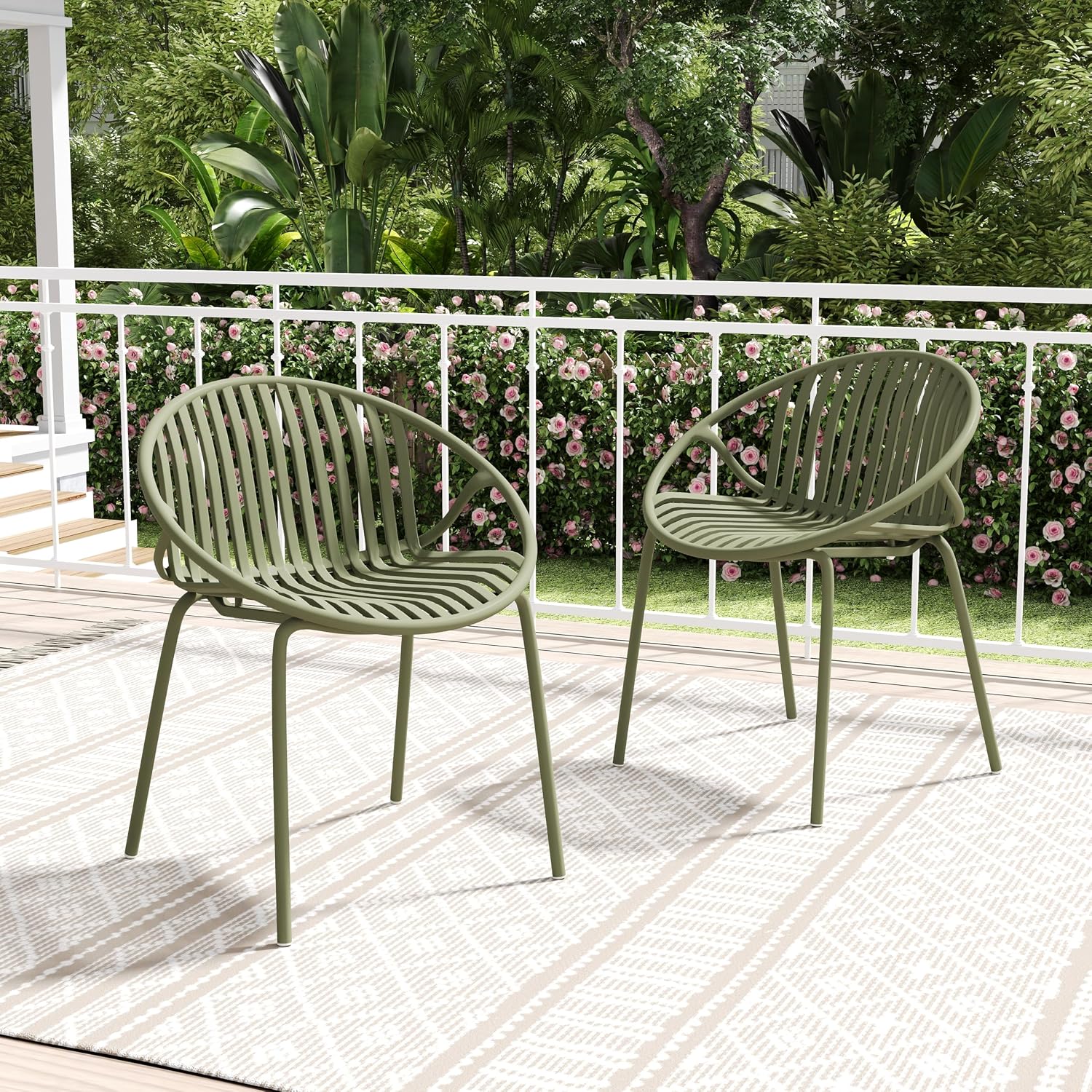 Christopher Knight Home Set of 2 Tita Modern Patio Outdoor Dining Chairs, Stacking Chair, Outside Dinner,Garden/Balcony/Poolside Stackable Accent Chairs,Metal Legs,Plastic Cutout Backrest, Green