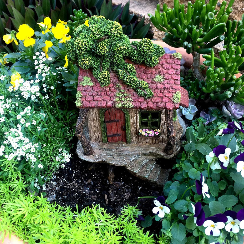 Fairy Garden Treehouse for Outside - Large Fairy House | Hand-painted resin; door opens; water resistant; treehouse stands 9 inches high; outdoor and indoor miniature decor