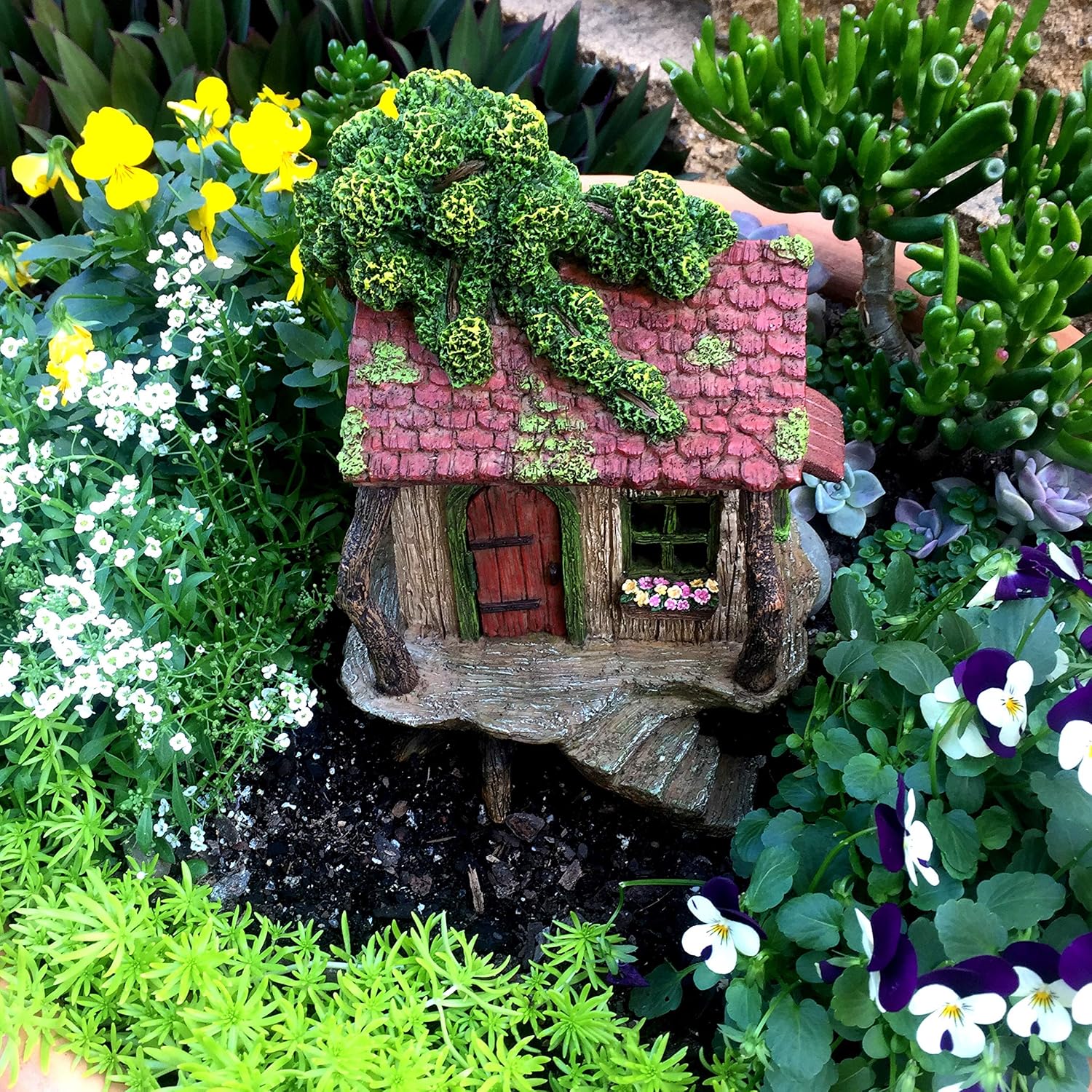 Fairy Garden Treehouse for Outside - Large Fairy House | Hand-painted resin; door opens; water resistant; treehouse stands 9 inches high; outdoor and indoor miniature decor