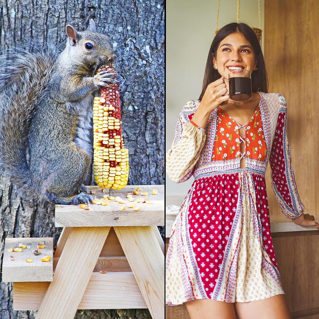Large Squirrel Picnic Table Feeder - Cedar Squirrel Feeders for Outside Trees, Deck, Fence - Funny Corn Cob Holders, Novelty Hanging Mini Picnic Table for Squirrels, Fun Wooden Chipmunk Bench Platform
