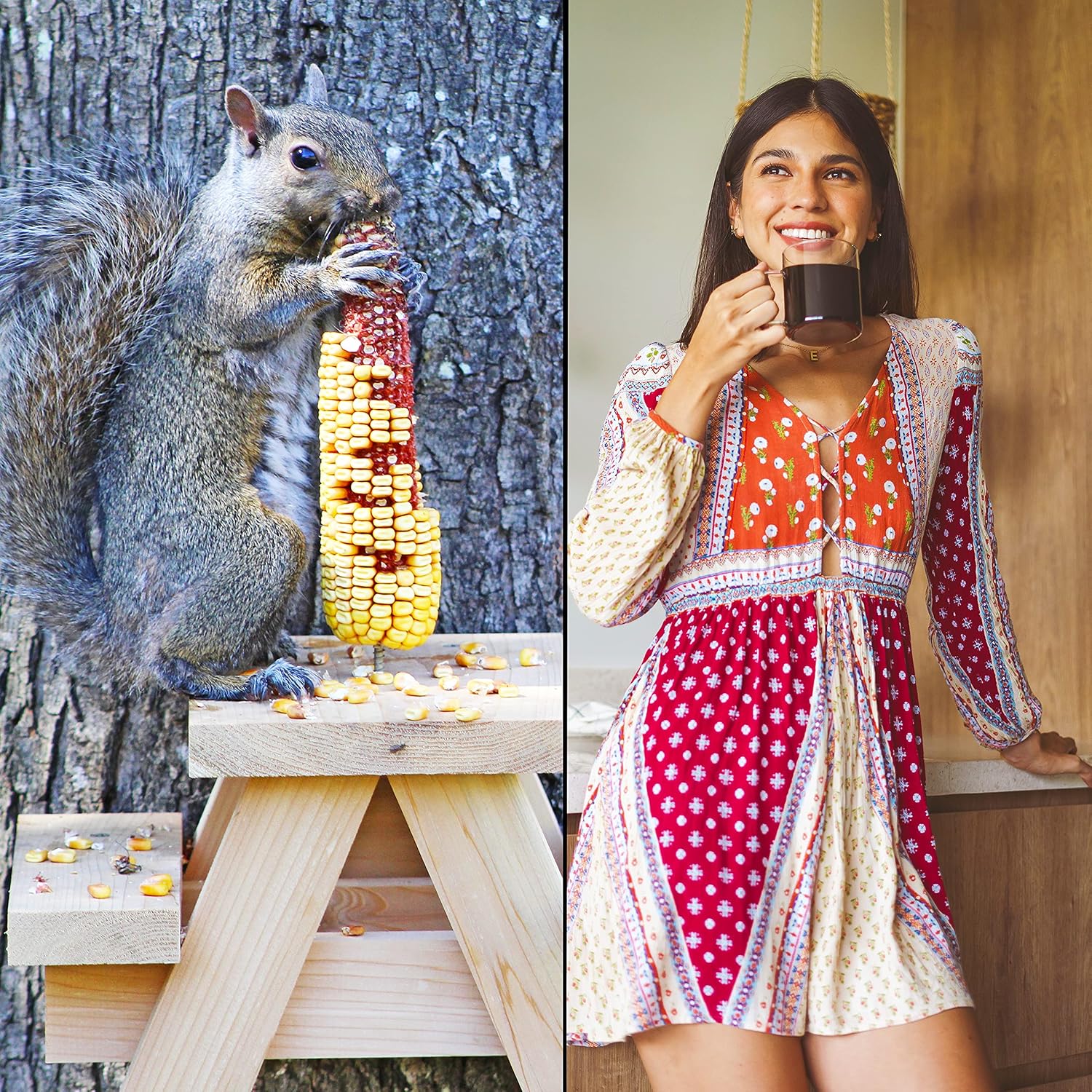 Large Squirrel Picnic Table Feeder - Cedar Squirrel Feeders for Outside Trees, Deck, Fence - Funny Corn Cob Holders, Novelty Hanging Mini Picnic Table for Squirrels, Fun Wooden Chipmunk Bench Platform