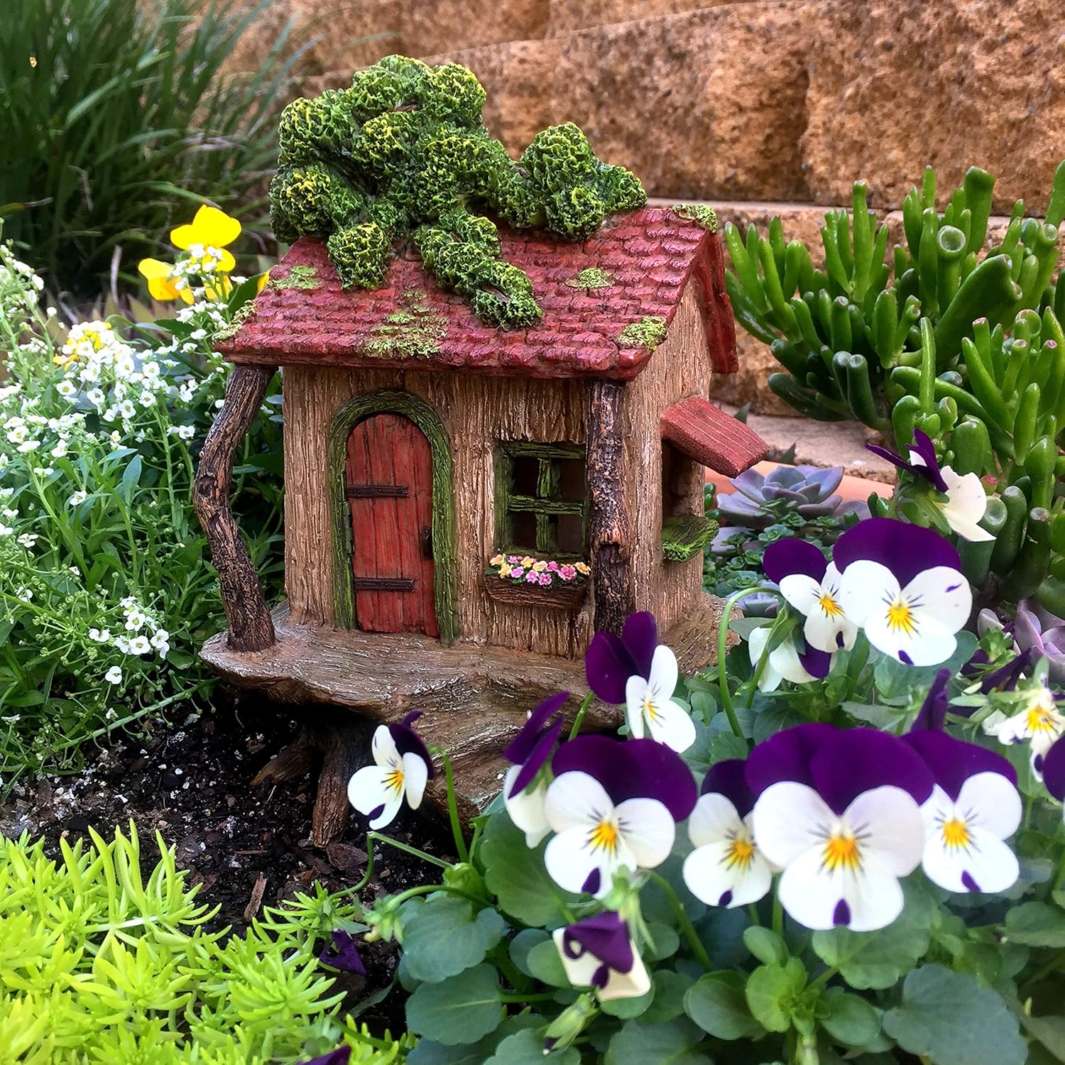 Fairy Garden Treehouse for Outside - Large Fairy House | Hand-painted resin; door opens; water resistant; treehouse stands 9 inches high; outdoor and indoor miniature decor