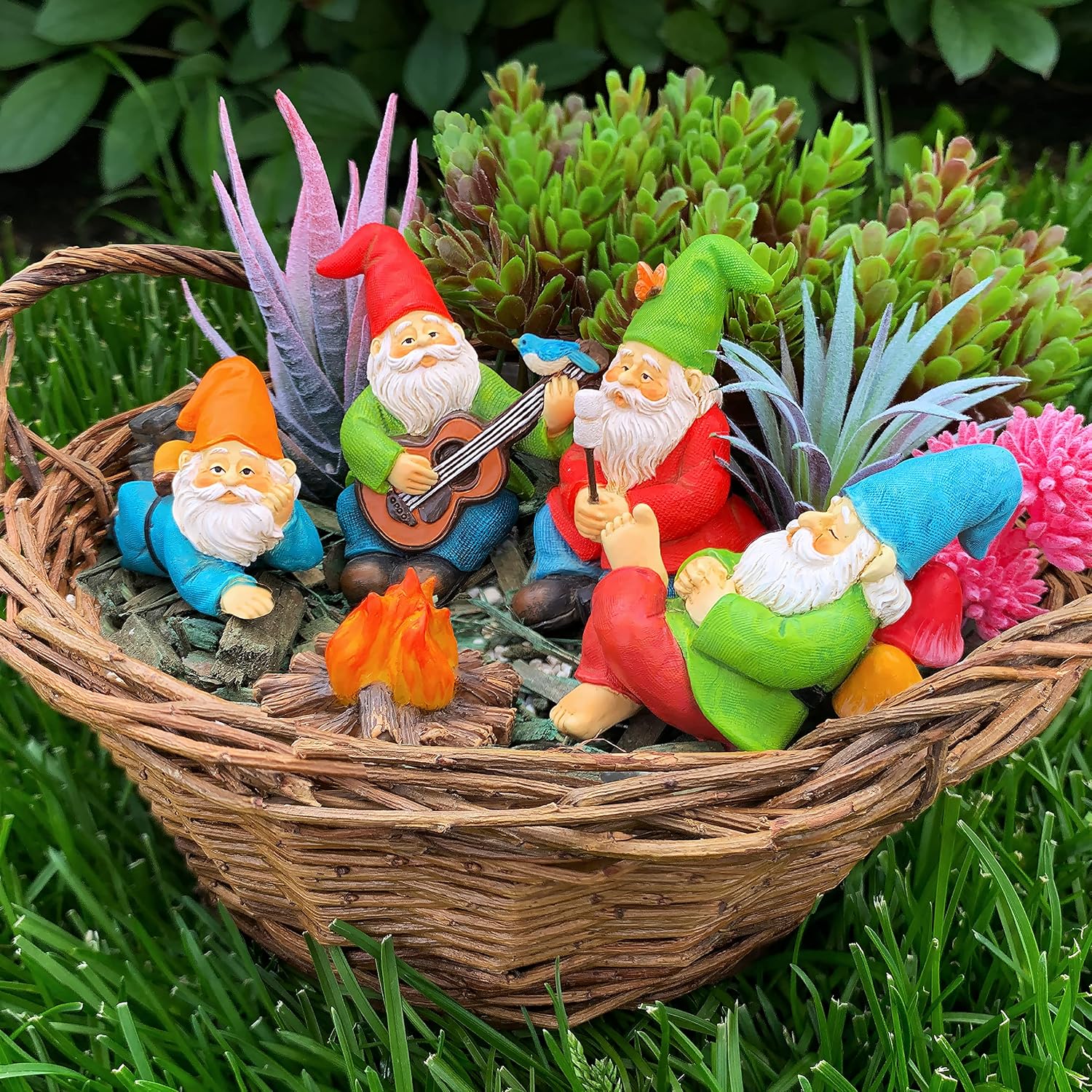 Mood Lab Garden Gnome Figurines - Camping Gnomes Set (5 pcs) - 2.6" H Miniature Decorative Statues & Accessories - Outdoor & Indoor Garden Decor