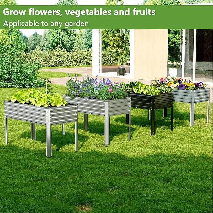 2PCS 48×24×30in Galvanized Raised Garden Bed,Metal Elevated Planter Box with Legs for Patio,Balcony,Backyard,300lb Capacity,Silver