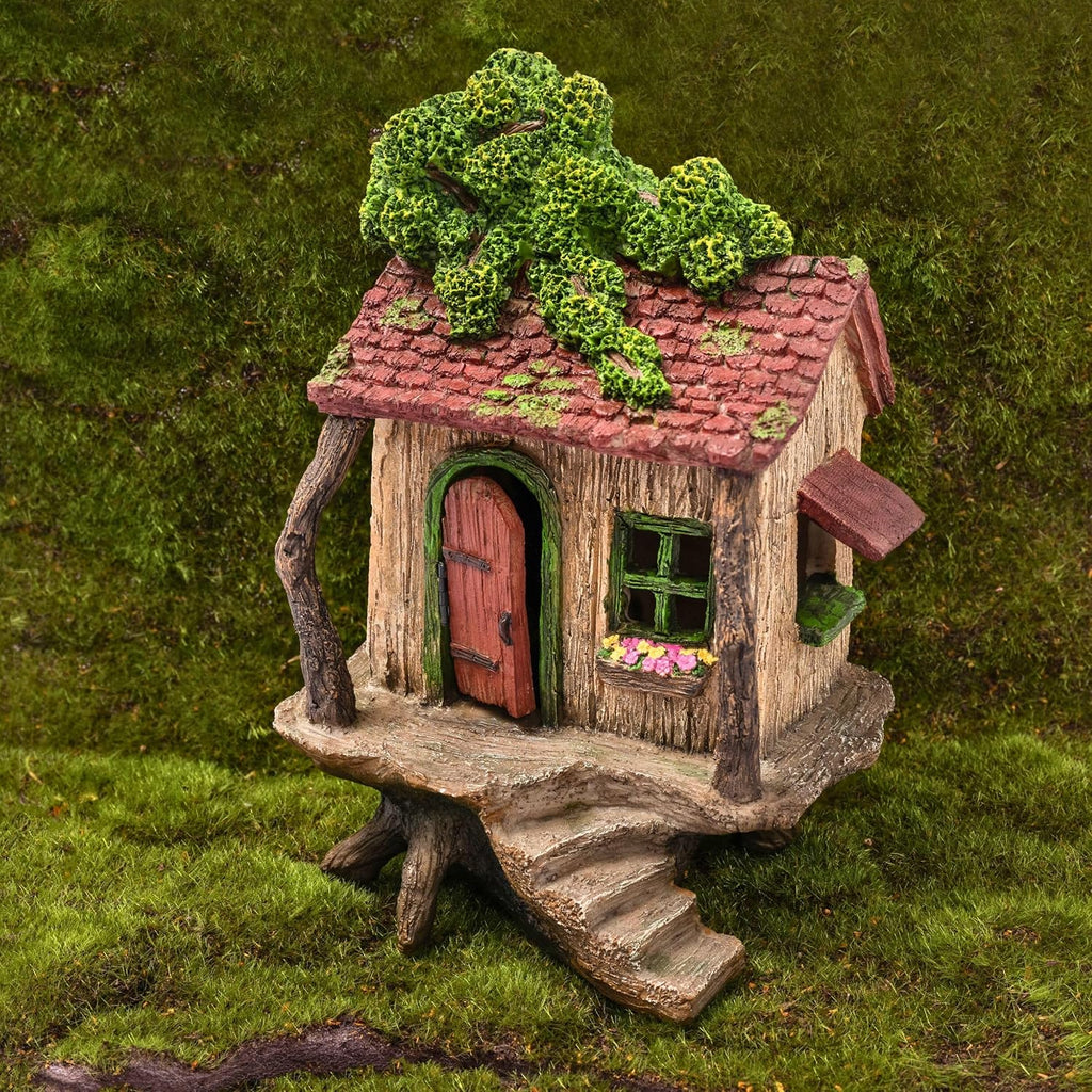 Fairy Garden Treehouse for Outside - Large Fairy House | Hand-painted resin; door opens; water resistant; treehouse stands 9 inches high; outdoor and indoor miniature decor