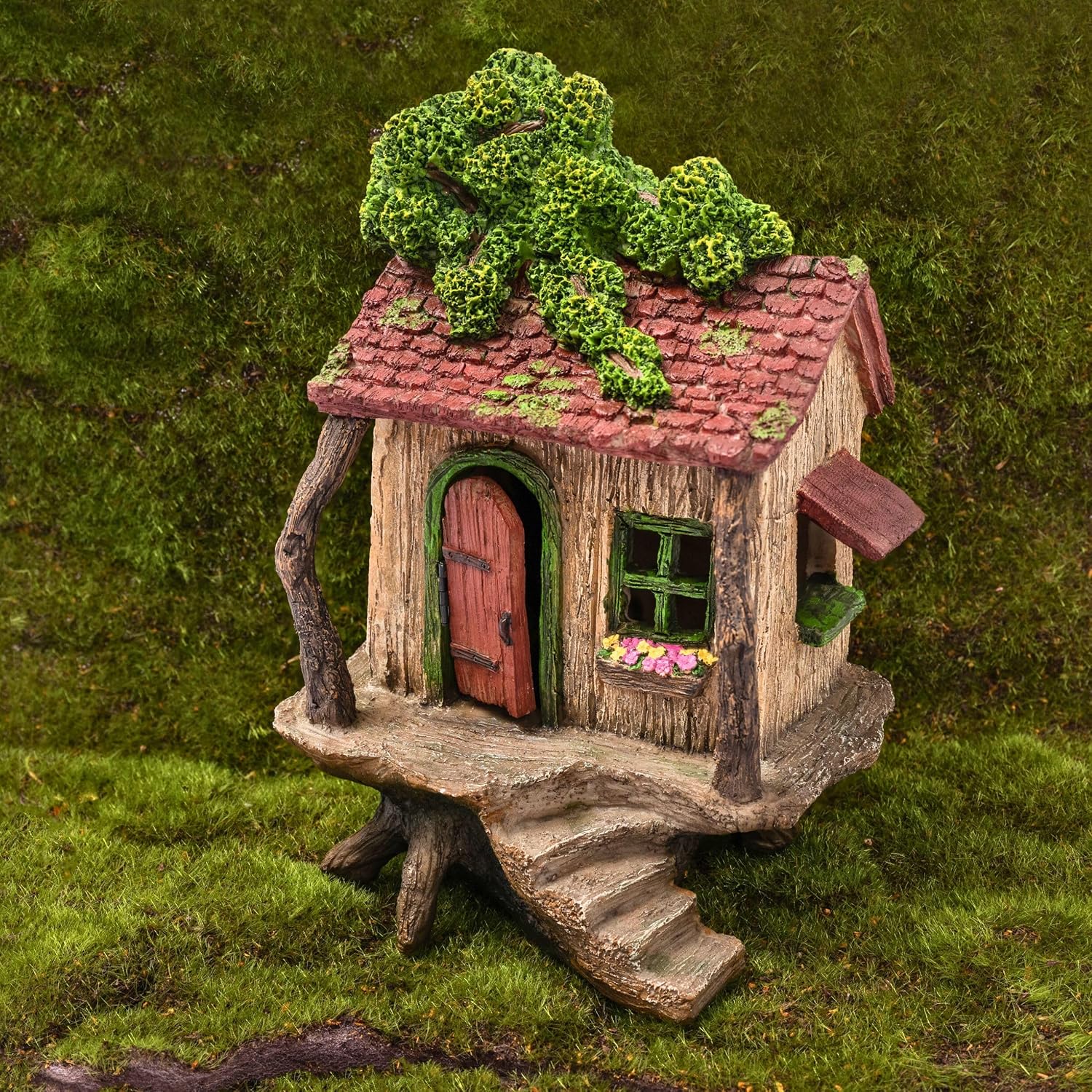 Fairy Garden Treehouse for Outside - Large Fairy House | Hand-painted resin; door opens; water resistant; treehouse stands 9 inches high; outdoor and indoor miniature decor