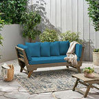 Merax Outdoor Patio Daybed Sofa,3-Seat Sofa with Foldable Arm 4 Back Pillows,Teak Acacia Wood Frame Beige Removable Cushion,Grey+Teal