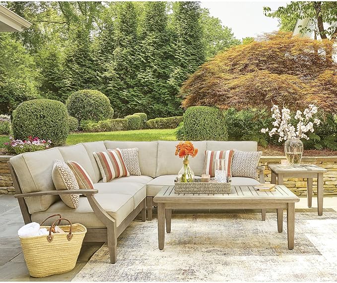 Signature Design by Ashley Clare View Symmetrical Contemporary 3-Piece Outdoor Sectional with Cushion and 6 Throw Pillows, Beige
