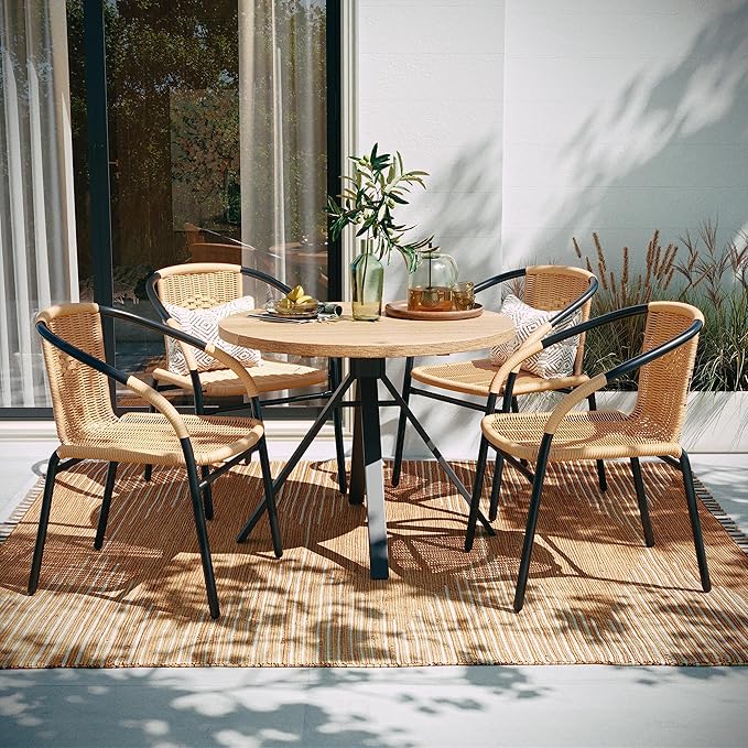 EMMA + OLIVER Set of 4 Modern Rattan Indoor/Outdoor Stack Chairs, Stacking Rattan Patio Chairs with Curved Back and Cross Bracing, Beige