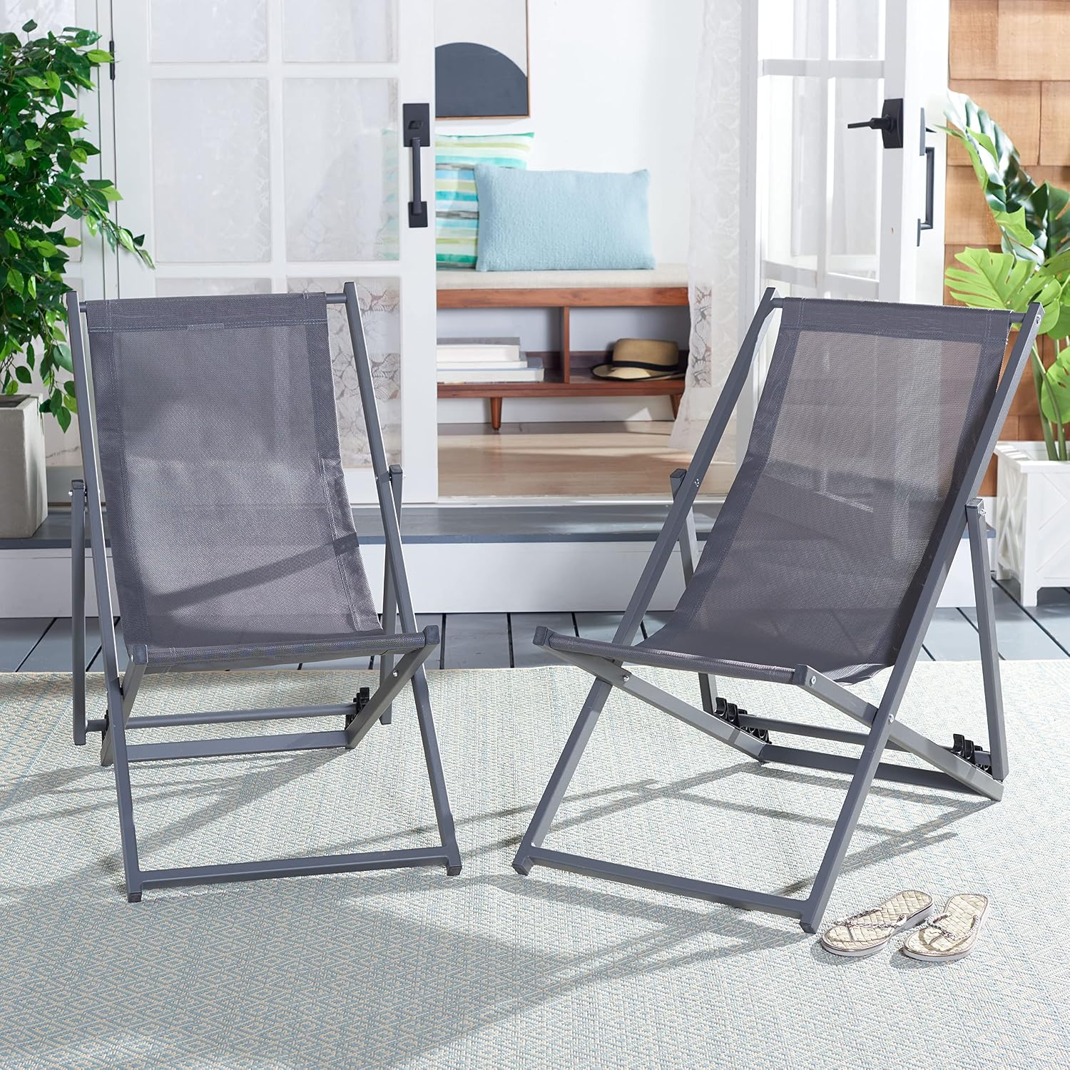 SAFAVIEH Outdoor Collection Breslin Grey/Grey Adjustable Folding Sling Chair Set of 2 (Fully Assembled)