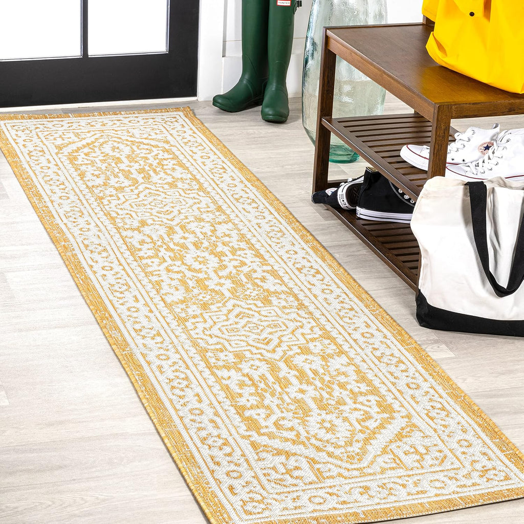 JONATHAN Y Medallion Weave Indoor Outdoor Runner Rug 2X8 Yellow/Cream, Sinjuri Textured for Backyard, Patio, Porch, Easy-Cleaning, High Traffic, Pet-Friendly, Non-Shedding (SMB101I-28)