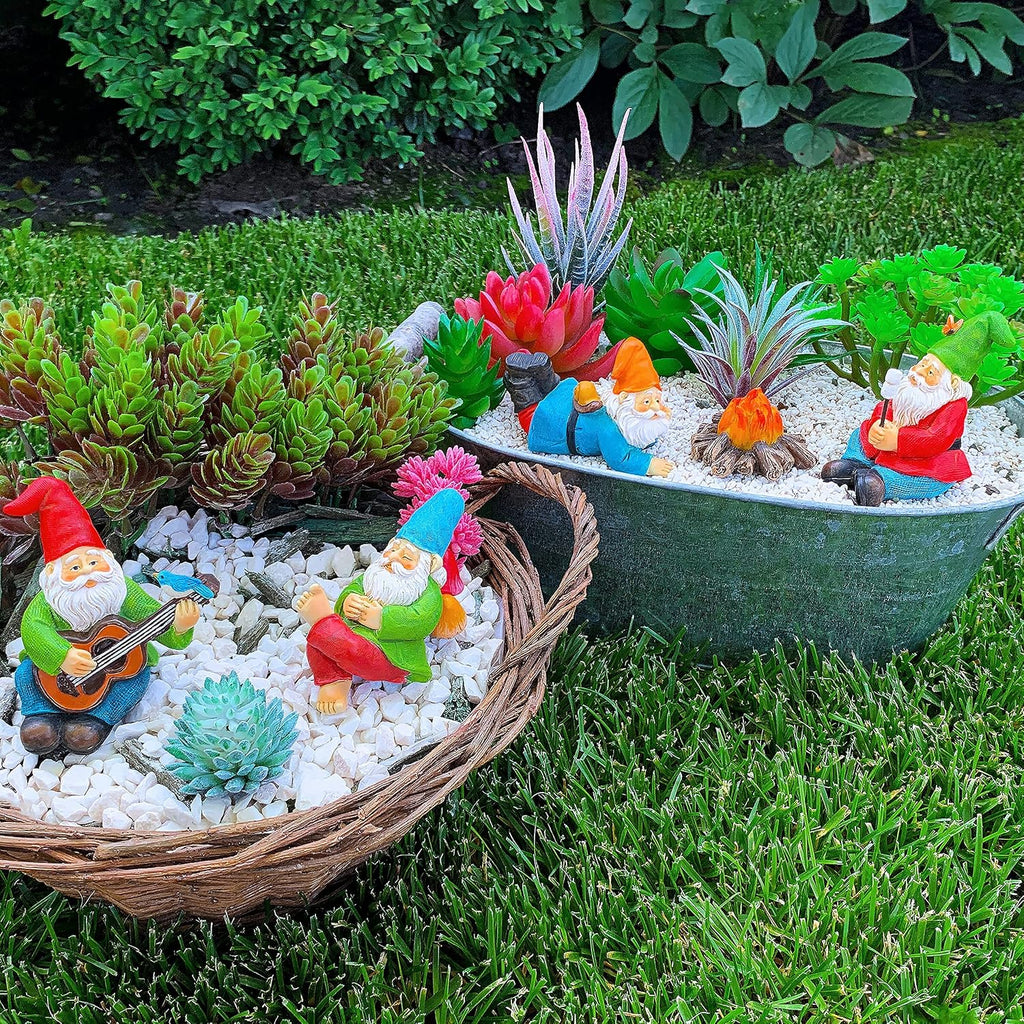 Mood Lab Garden Gnome Figurines - Camping Gnomes Set (5 pcs) - 2.6" H Miniature Decorative Statues & Accessories - Outdoor & Indoor Garden Decor