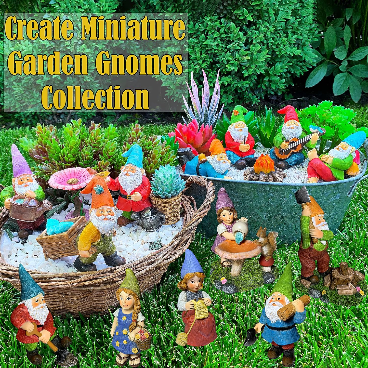 Mood Lab Garden Gnome Figurines - Camping Gnomes Set (5 pcs) - 2.6" H Miniature Decorative Statues & Accessories - Outdoor & Indoor Garden Decor